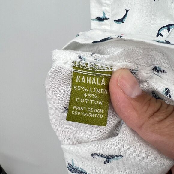 Kahala Short Sleeve Button Up Linen Cotton Whale Print Men's 2XL White Shirt - Picture 8 of 10